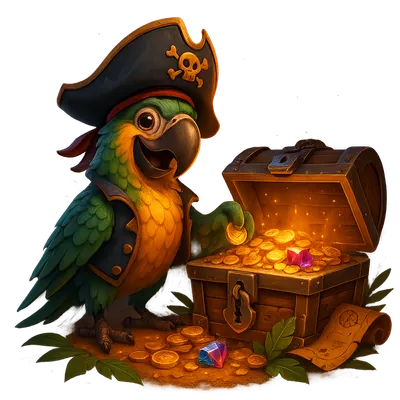 Charismatic pirate parrot surrounded by treasure and gems against a tropical sunset backdrop.