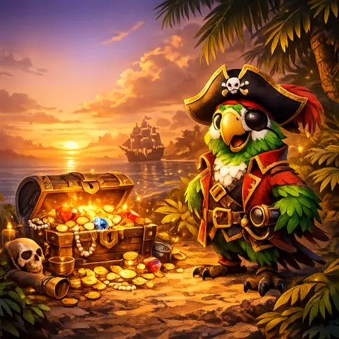 Tropical pirate scene with parrot mascot, treasure chest, and jungle setting during sunset for a casino site